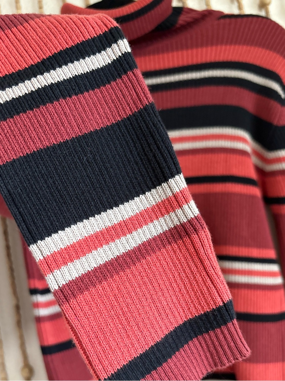 Orange Black Striped Ribbed Mock Neck Knit Twee Boho Grunge Stretchy Long Sleeve - Picture 2 of 5